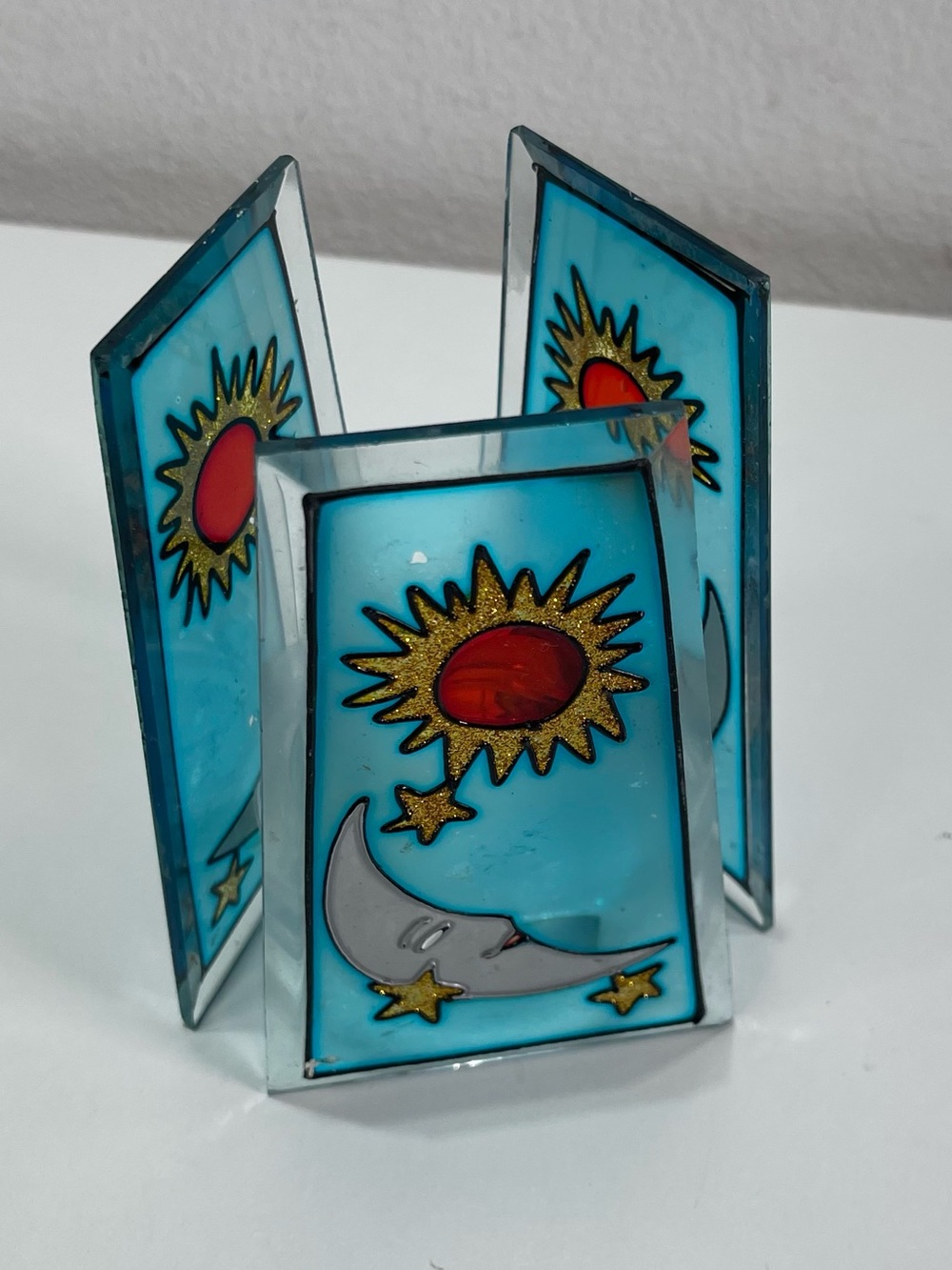 Vintage Celestial Stars Moon Stained Glass Tea Light Votive Candle Holder Whimsy
